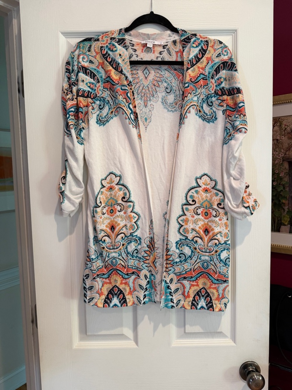 Chico's Off-White Sweater Top with Teal and Coral Floral Print